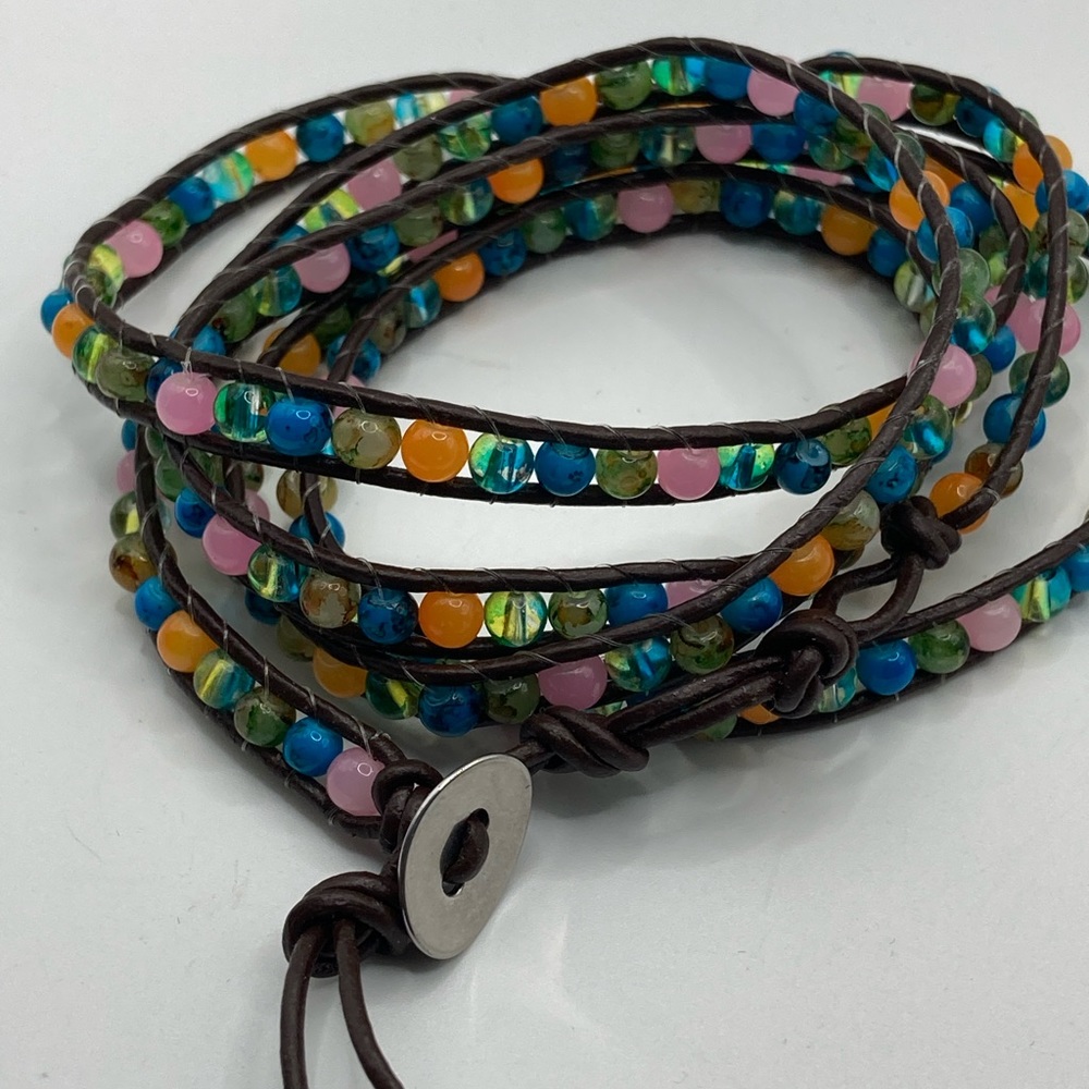 36"‎ Beaded Wrap Leather cord button Closure Bracelet